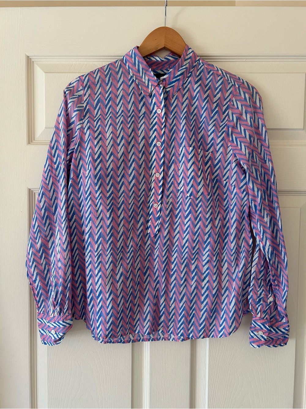 J. Crew Chevron Button-Front Shirt in Pink, Blue & White